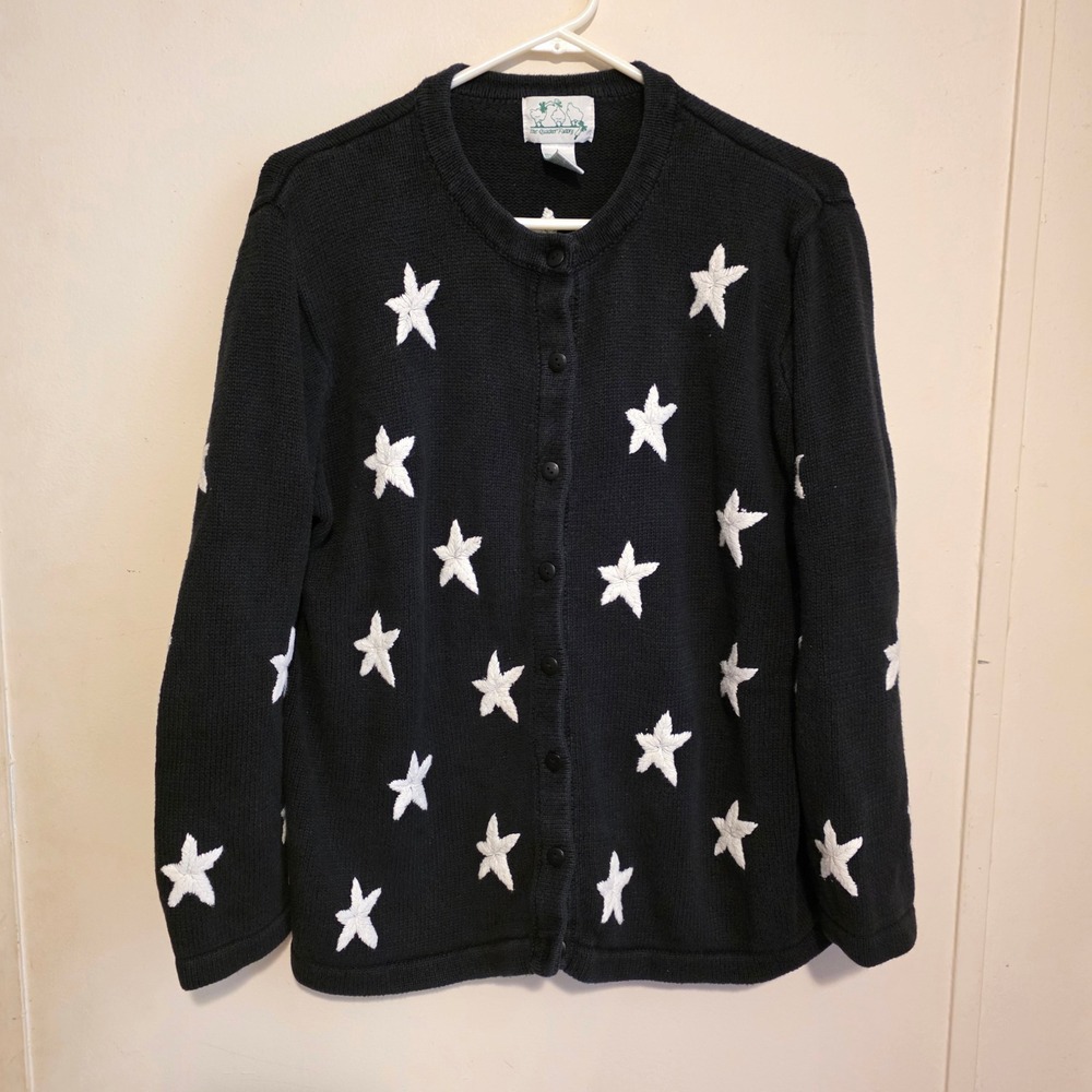 Quacker Factory Womens Embroidered Stars Cardigan Size Large Whimsigoth Novelty